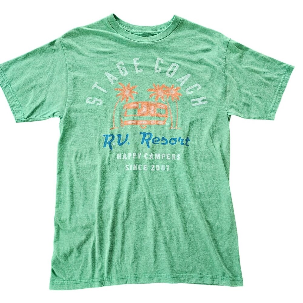 Stage Coach Men's Green T Shirt RV Resort Happy Campers size Small